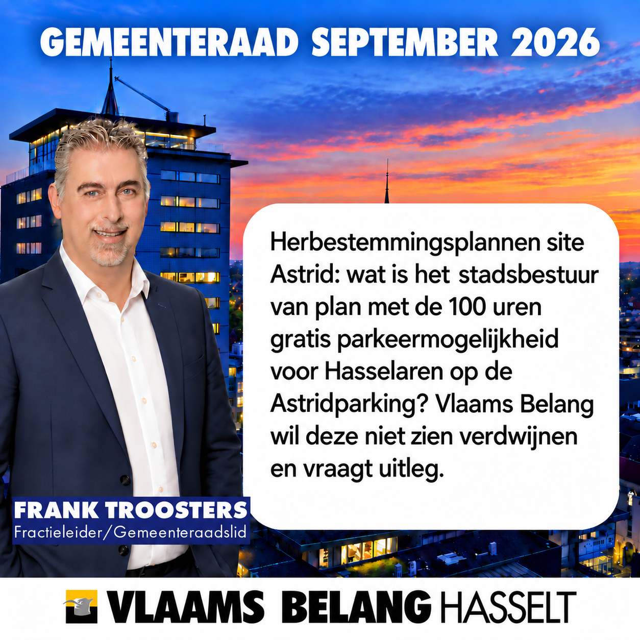 100 uren gratis parkeermogelijkheid voor Hasselaren aan Astridparking moet behouden blijven!