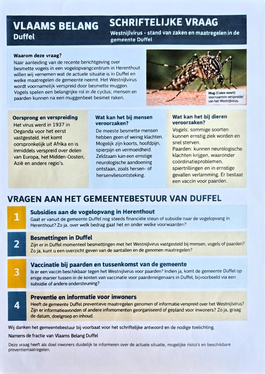 🦟 WESTNIJLVIRUS: VLAAMS BELANG DUFFEL VRAAGT DUIDELIJKHEID! 🦟