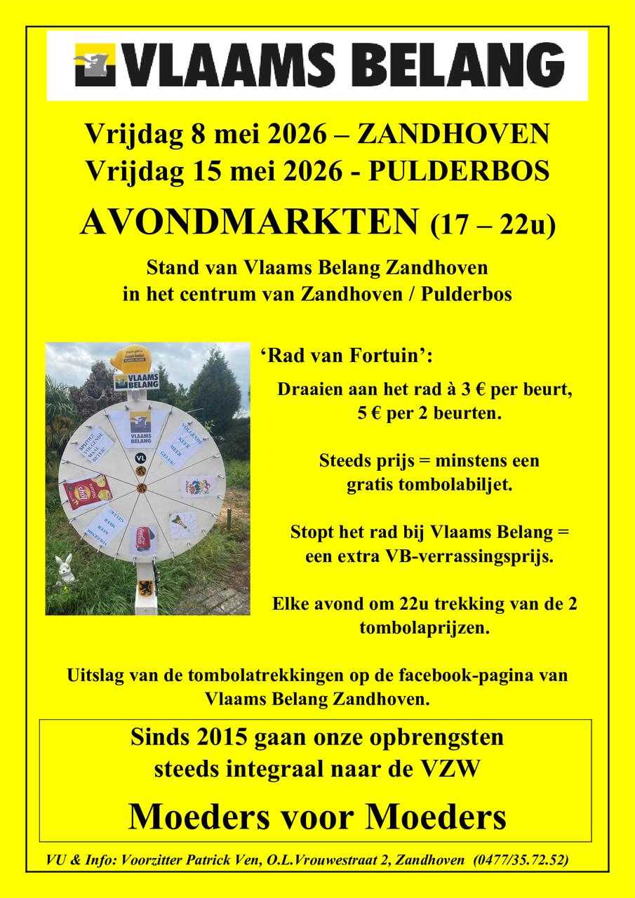 Vrijdag 8 + 15 mei 2026: AVONDMARKTEN te Zandhoven & Pulderbos